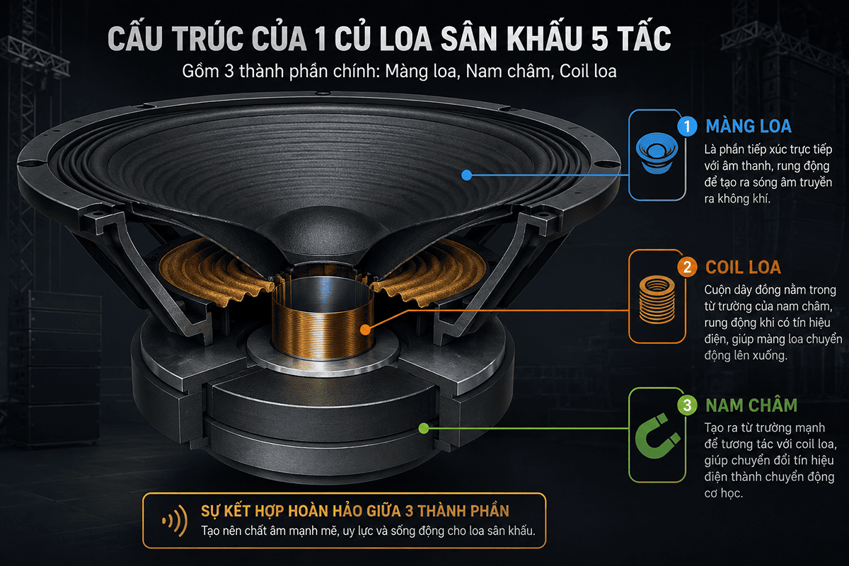 Cấu trúc của 1 củ loa sân khấu 5 tấc gồm: màng loa, nam châm, coil loa