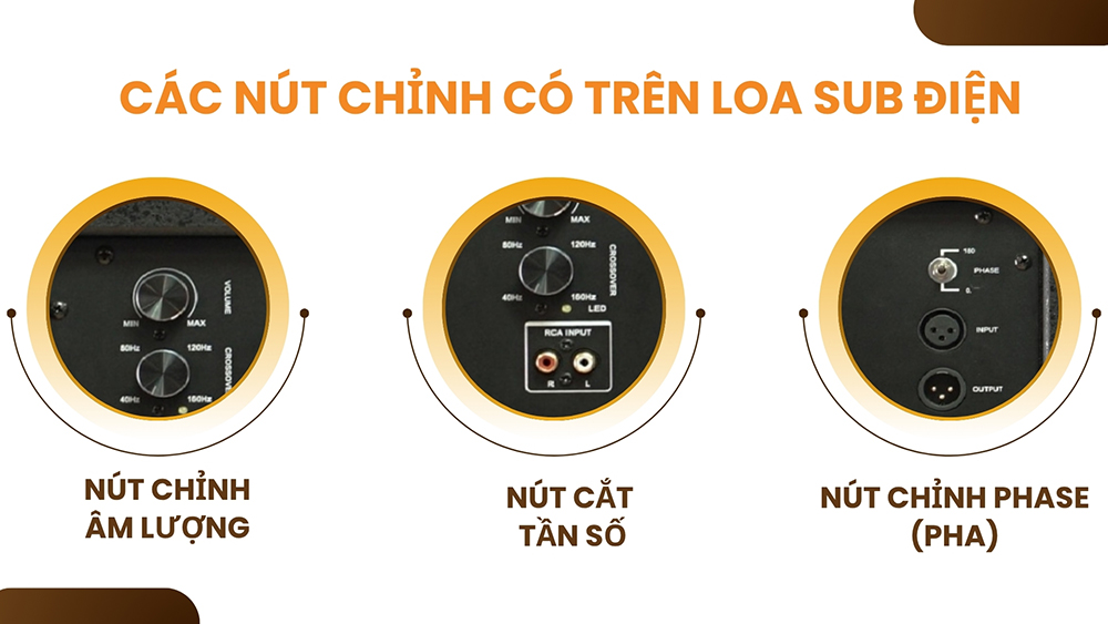 Các nút chỉnh thường gặp trên sub điện gồm: Volume, Phase, Freq Cut
