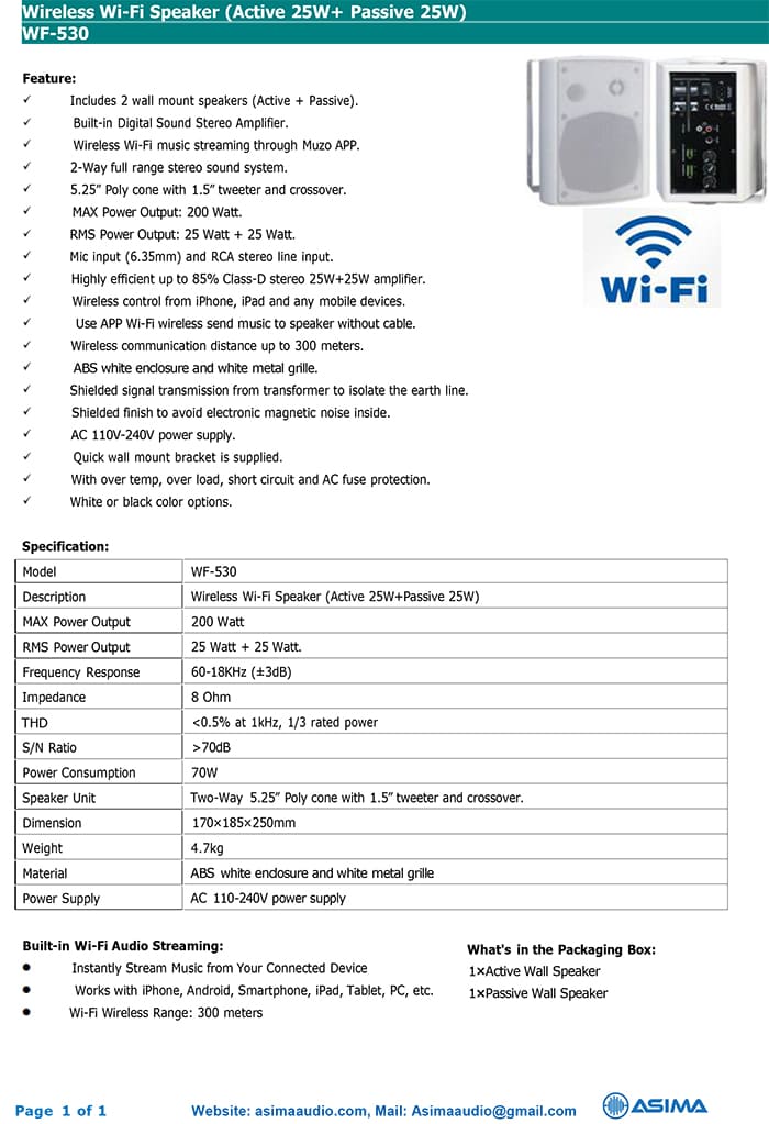 Catalog của sản phẩm loa treo tường wifi Asima WF-530