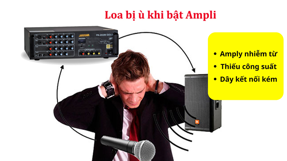 Nguyên nhân loa bị ù khi bật ampli do: amply nhiễm từ, thiếu công suất, dây kết nối kém