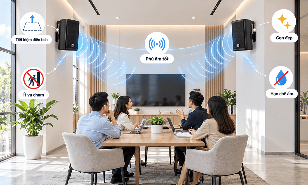 Treo loa lên tường khi muốn tiết kiệm diện tích mặt sàn hoặc dòng loa yêu cầu cần treo lên