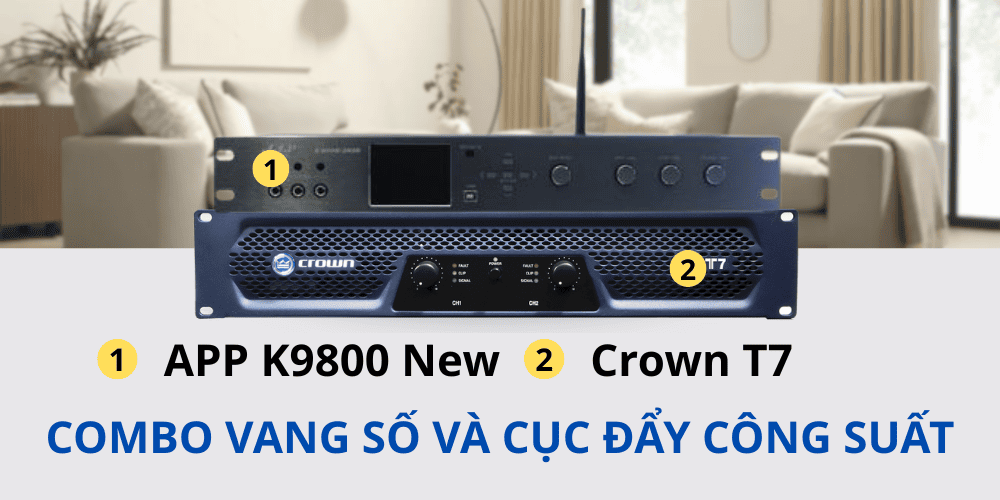 Combo cục đẩy và vang số Crown T7 + APP K9800 New thích hợp sử dụng trong gia đình Combo cục đẩy và vang số Crown T7 + APP K9800 New thích hợp sử dụng trong gia đình