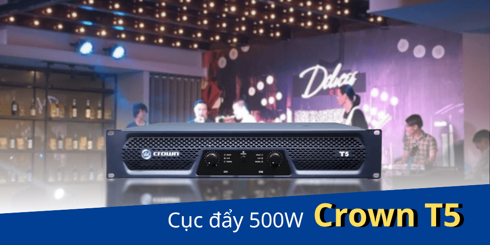 Cục đẩy Crown T5 sở hữu mạch class H, 2 kênh công suất 500W, cho hiệu suất hoạt động cao