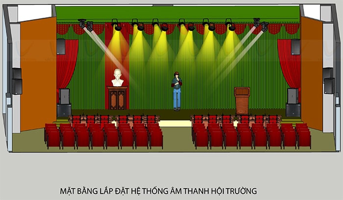 Phía trên sân khấu được lắp đặt hệ thống loa cùng hệ thống đèn sân khấu