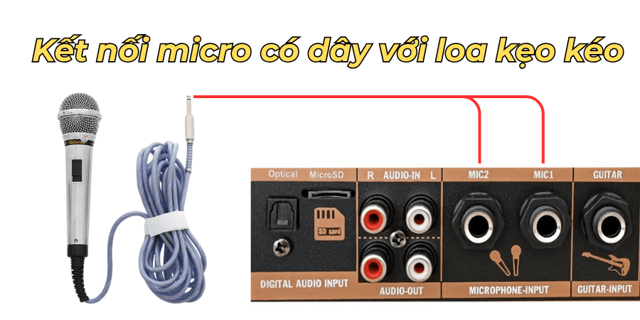 Kết nối micro có dây với loa kéo chỉ cần cắm trực tiếp dây vào cổng mic của loa là được