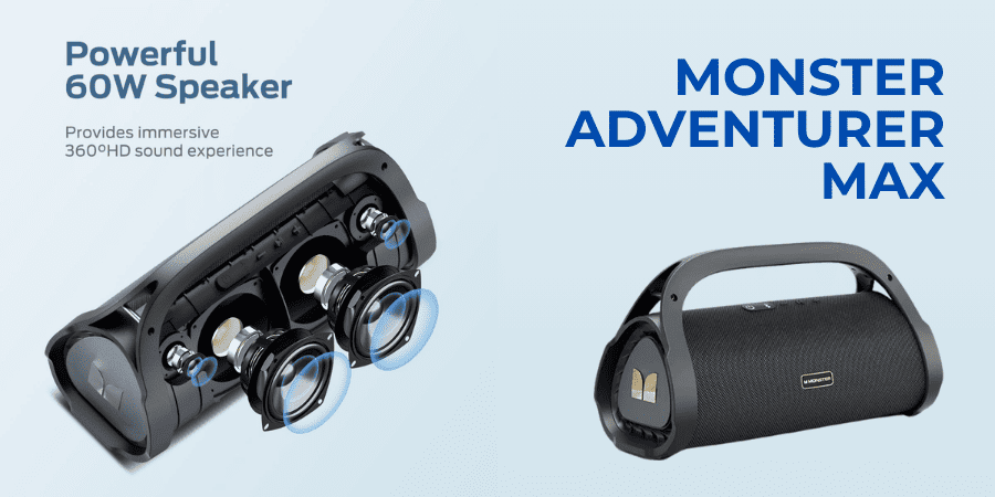Loa bluetooth pin trâu Monster Adventurer Max trang bị 2 loa toàn dải cùng 2 loa thụ động với công suất 60W