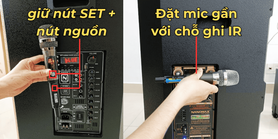 Micro không kết nối được với loa kẹo kéo do khác tần số thì chúng ta sẽ sử dụng nút SET để reset lại tần số