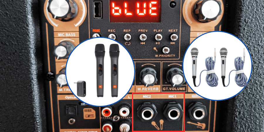 Sử dụng cả hai cổng mic để kết nối 2 micro với loa kéo hoặc sử dụng đầu thu để kết nối