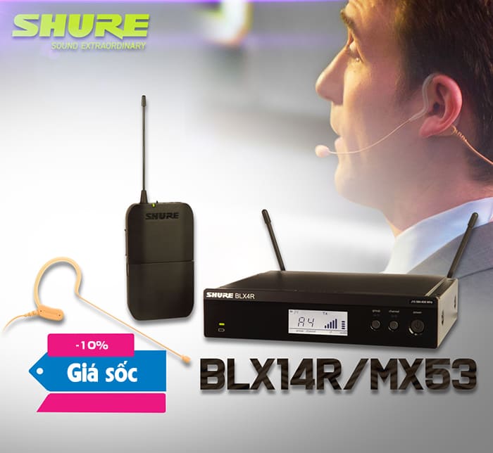 Micro không dây đeo tai hạt gạo Shure BLX14R/MX53: 11.990.000 đồng Micro không dây đeo tai hạt gạo Shure BLX14R/MX53: 11.990.000 đồng
