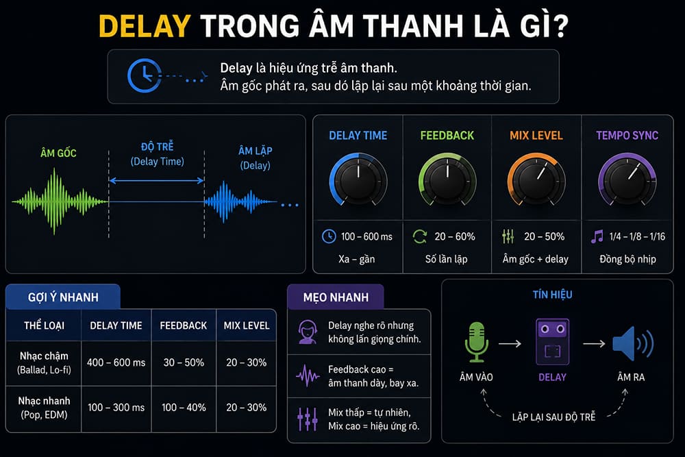 Delay trong âm thanh là một hiệu ứng trong đó âm thanh được lặp lại sau một khoảng thời gian nhất đinh so với âm thanh gốc Delay trong âm thanh là một hiệu ứng trong đó âm thanh được lặp lại sau một khoảng thời gian nhất đinh so với âm thanh gốc