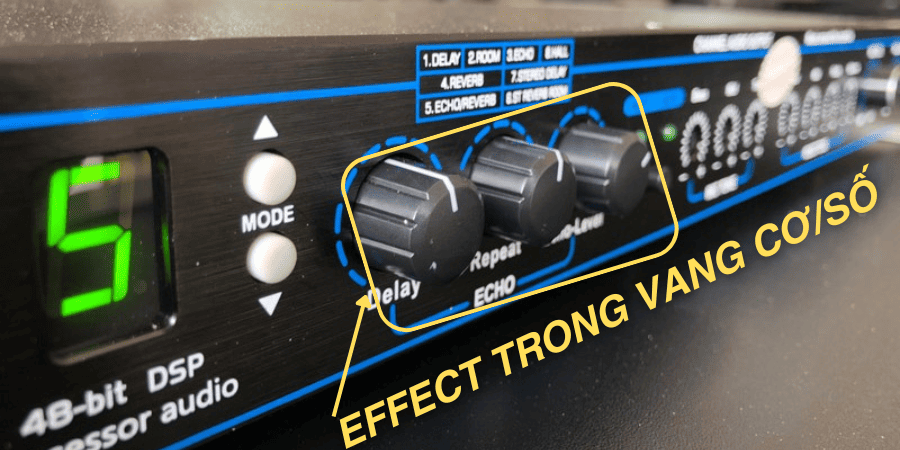Các hiệu ứng âm thanh được dùng trên hai thiết bị vang cơ và vang số chủ yếu là delay, echo, reverb
