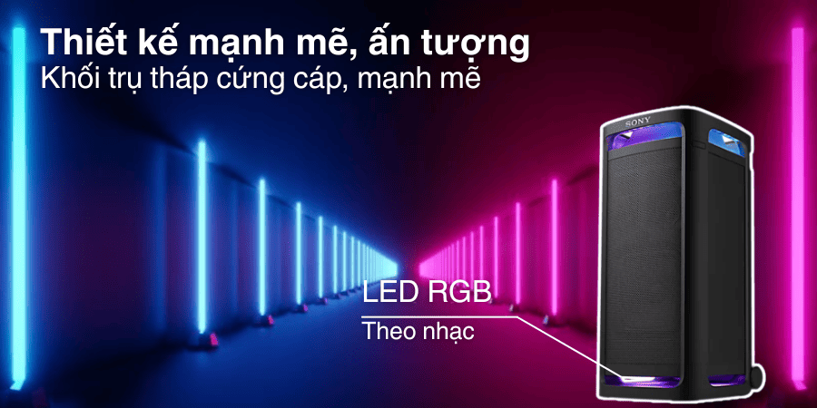 Loa Sony gây ấn tượng với thiết kế hiện đại, sang trọng với khối trụ cứng cáp mạnh mẽ, đèn led nháy theo nhạc