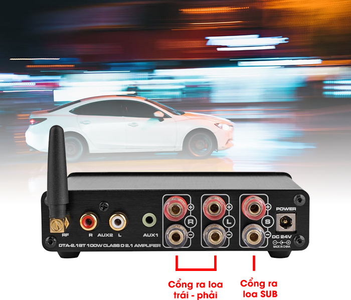 Amply 2.1 là dòng thiết kế 2 cổng ra loa trái phải và 1 cổng ra loa sub