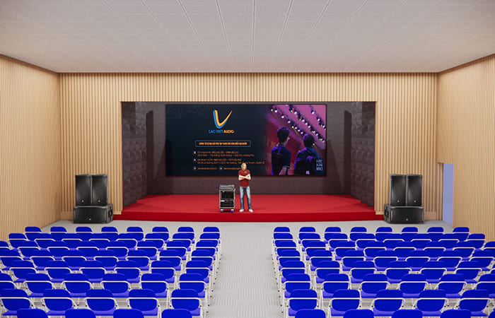 Thiết kế 3D toàn cảnh hội trường với dàn âm thanh 150 triệu