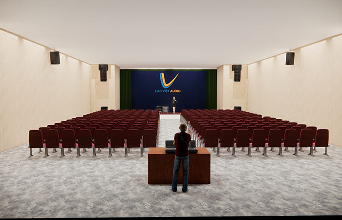 Thiết kế 3D toàn cảnh không gian hội trường đã được lắp đặt