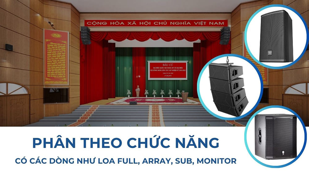 Phân theo chức năng có các loại như loa full, array, sub, monitor