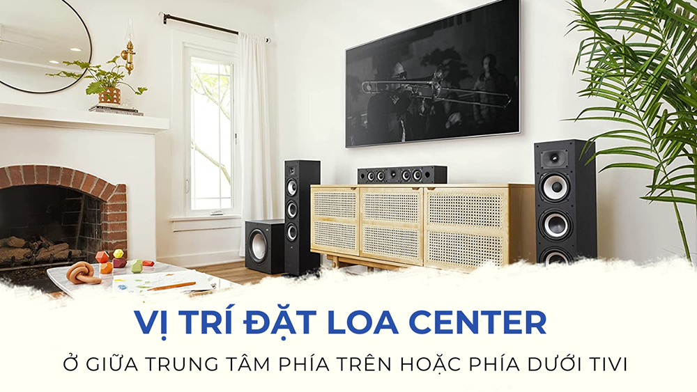 Vị trí đặt loa center ở giữa trung tâm phía trên hoặc phía dưới tivi