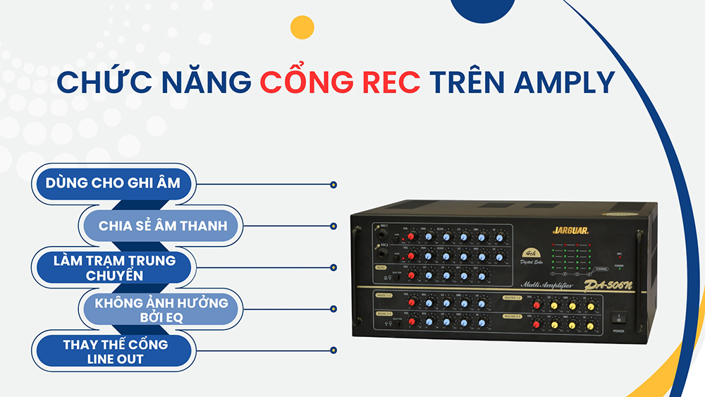 Cổng Rec trên amply có chức năng xuất âm thanh ra các thiết bị ghi âm hoặc làm trạm trung chuyển
