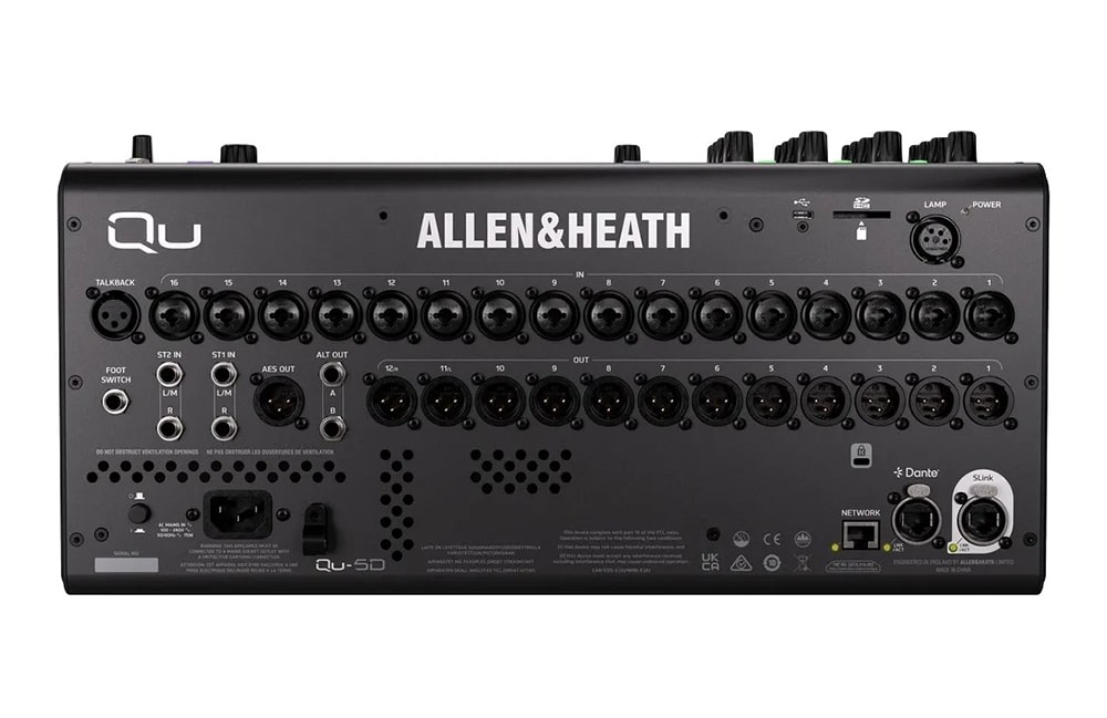 Allen & Heath QU5D hỗ trợ nhiều cổng kết nối: 16 ngõ vào XLR/Jack combi, 2 cặp stereo line input, 12 XLR output,...
