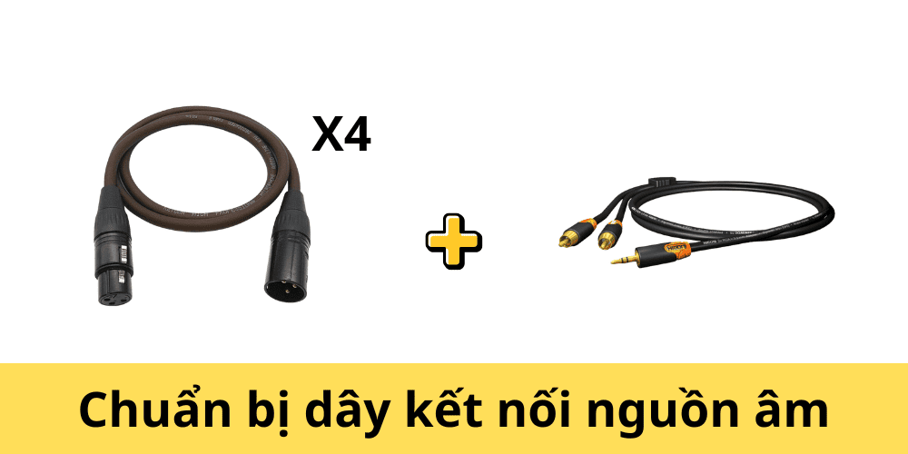 Chuẩn bị 4 dây canon đực - cái, 1 dây tín hiệu 3.5 để lấy tín hiệu nhạc đầu vào. Chuẩn bị 4 dây canon đực - cái, 1 dây tín hiệu 3.5 để lấy tín hiệu nhạc đầu vào.