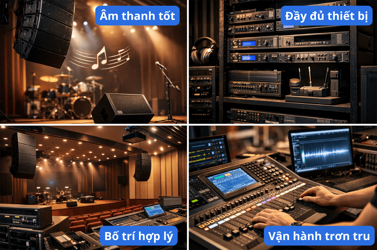 Dàn âm thanh cho hội trường cần đảm bảo về chất lượng âm thanh, thiết bị, bố trí và dễ dàng vận hành