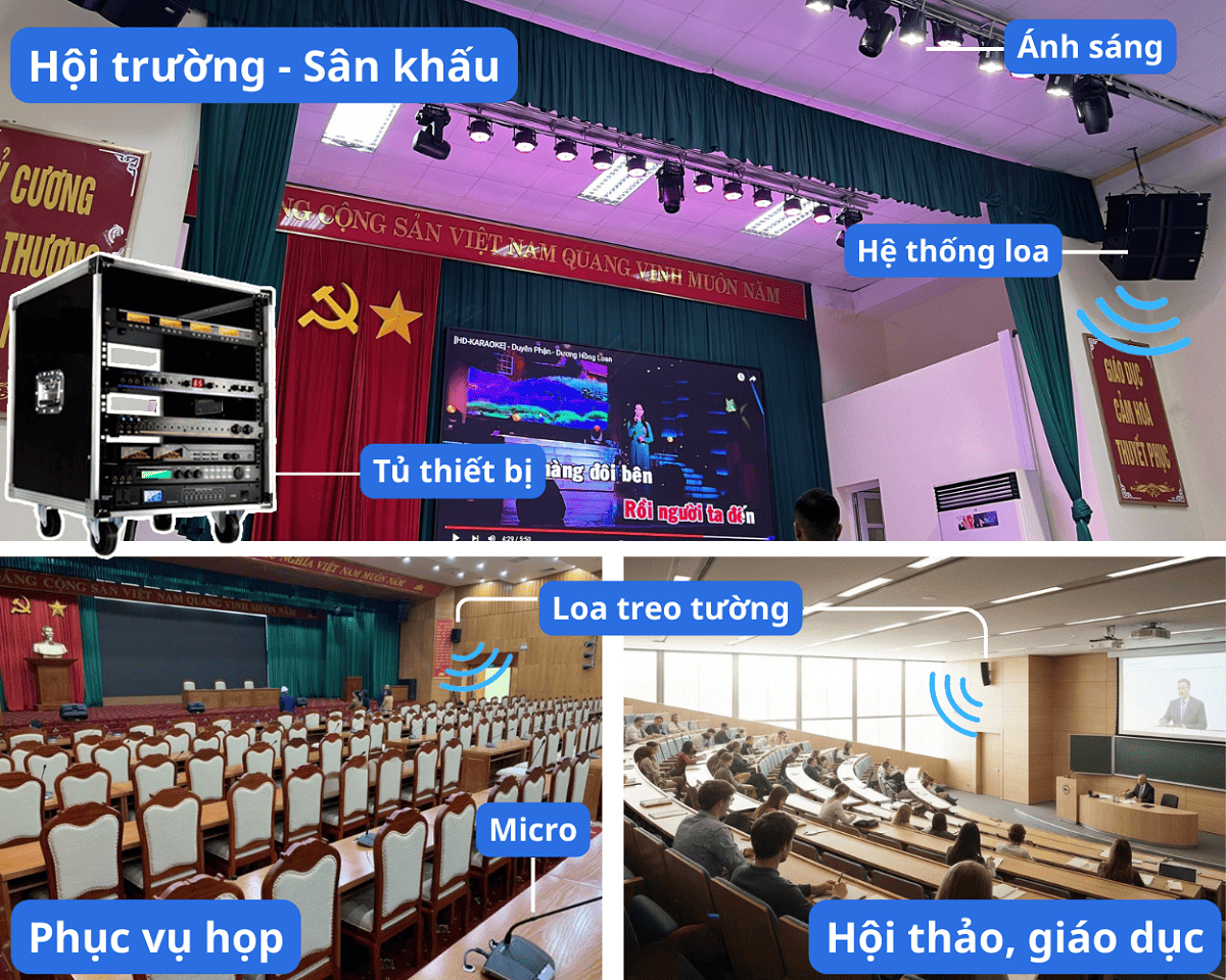 Hệ thống âm thanh hội trường là vô cùng cần thiết hiện nay, phục vụ cho nhiều nhu cầu sử dụng