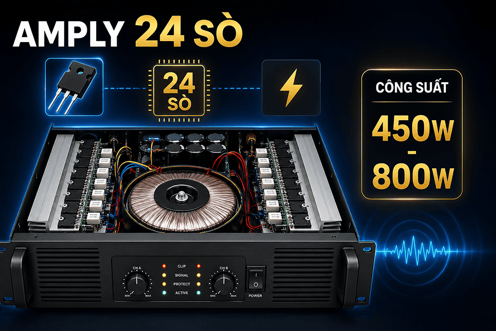 Amply 24 sò là dòng amply trang bị 24 sò công suất ( transistor) bên trong với mức công suất ampli dao động từ 450W - 800W