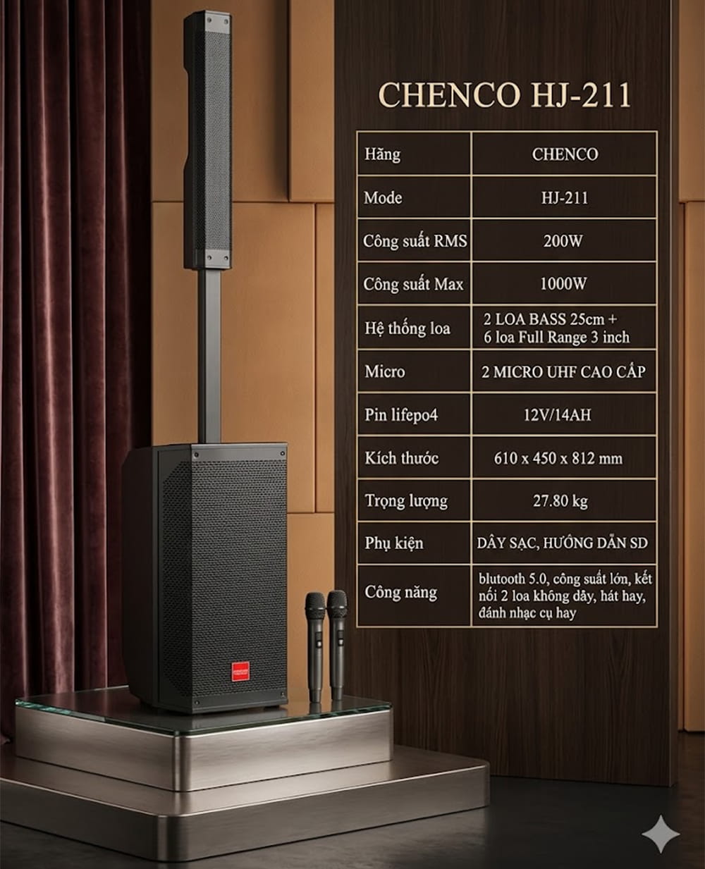 Loa cột CHENCO HJ211 hiện đại tích hợp thông số ấn tượng, khoa học