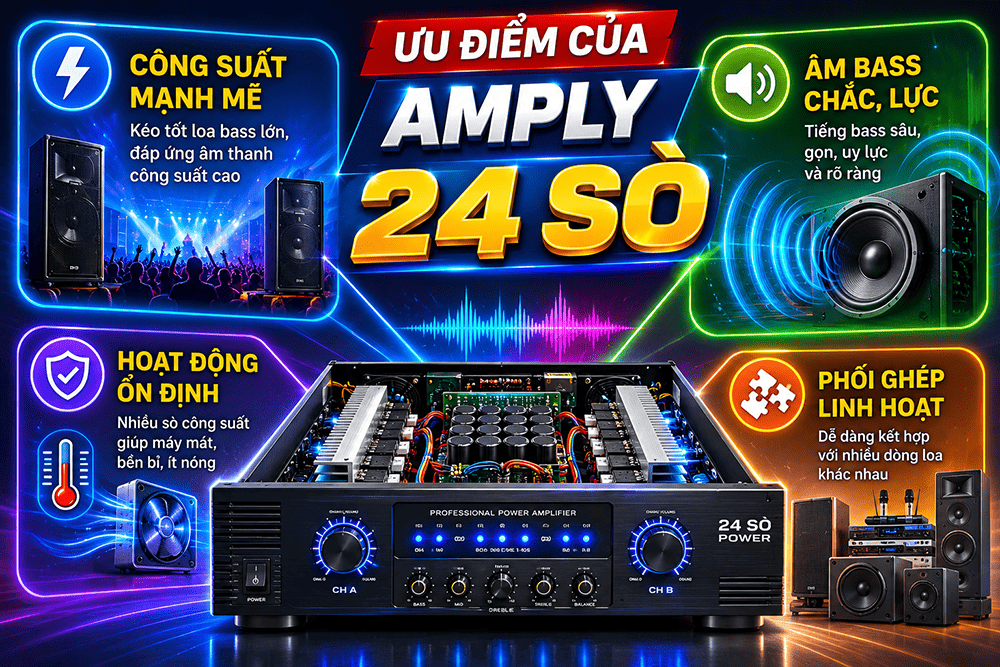 Amply 24 sò có công suất mạnh mẽ, âm bass chắc lực
