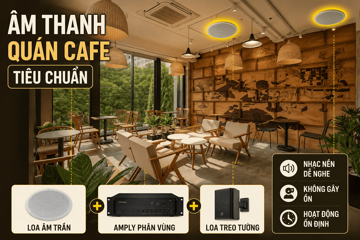 Âm thanh quán cafe tiêu chuẩn không gian kín nên chọn loa âm trần hoặc loa treo tường để phát nhạc Âm thanh quán cafe tiêu chuẩn không gian kín nên chọn loa âm trần hoặc loa treo tường để phát nhạc
