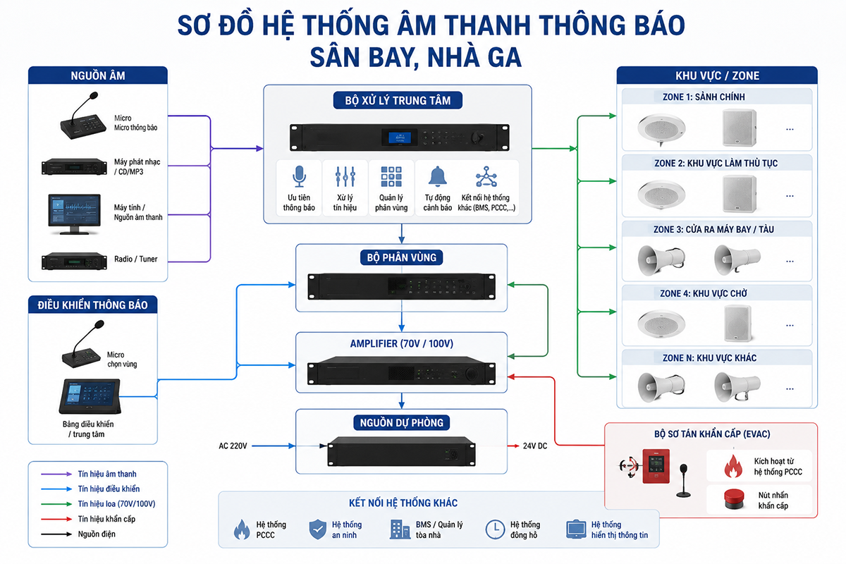 Sơ đồ cơ bản của hệ thống âm thanh thông báo cho sân bay, nhà ga