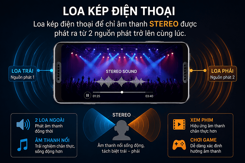 Loa kép điện thoại là gì? Là hệ thống gồm 2 loa phát cùng nguồn âm, cùng thời điểm