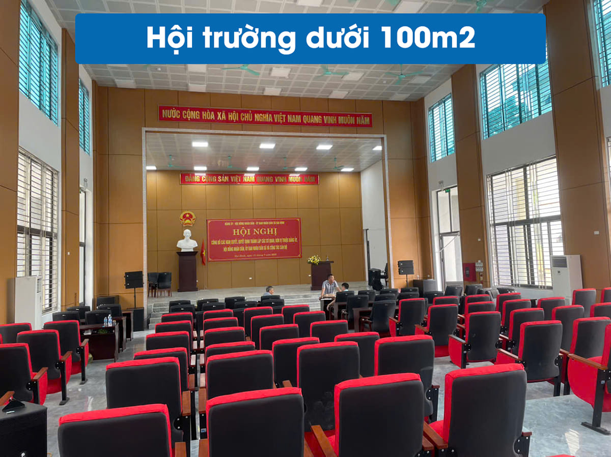Hội trường dưới 100m2 không yêu cầu quá cao về chất lượng âm thanh, chỉ cần loa + cục đẩy + mixer + micro 