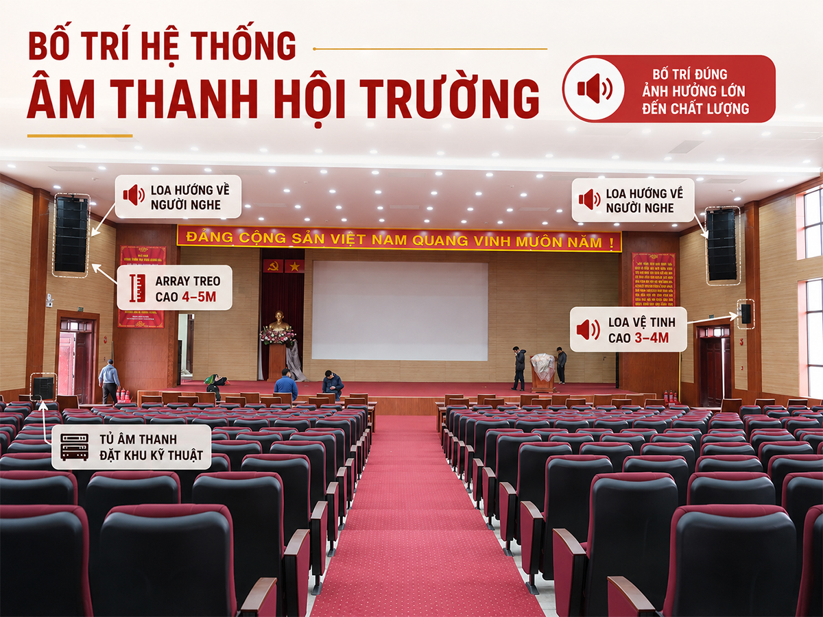 Bố trí hệ thống loa tối ưu góc phủ, các thiết bị khác đặt gọn phía sau cánh gà để tiện quản lý, vận hành
