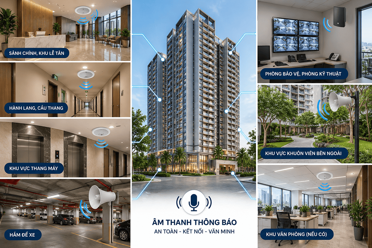 Các khu vực cần lắp âm thanh thông báo trong tòa nhà: sảnh, hành lang, cầu thang, hầm gửi xe
