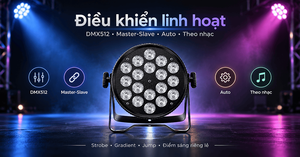 JC RS 031A/B hỗ trợ nhiều phương thức vận hành gồm DMX512, Master-Slave, chế độ tự động và chế độ chạy theo nhạc