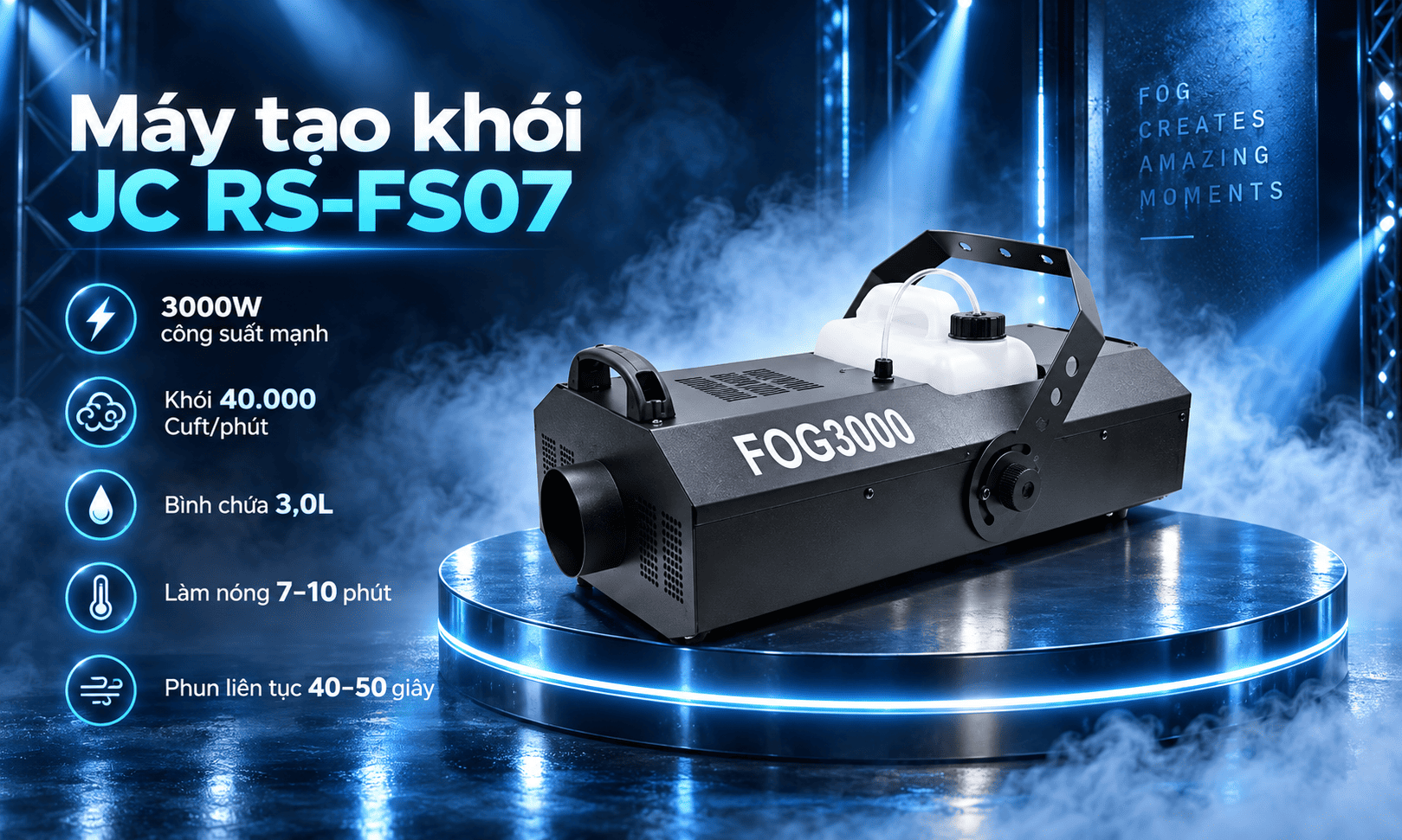 JC RS-FS07 hoạt động với công suất tiêu thụ 3000W, hướng đến những không gian cần lượng khói lớn và khả năng phủ nhanh