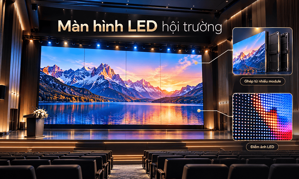 Màn hình LED hội trường là màn hình kích thước lớn được ghép từ nhiều module, sử dụng các điểm ảnh LED để tạo ra hình ảnh Màn hình LED hội trường là màn hình kích thước lớn được ghép từ nhiều module, sử dụng các điểm ảnh LED để tạo ra hình ảnh