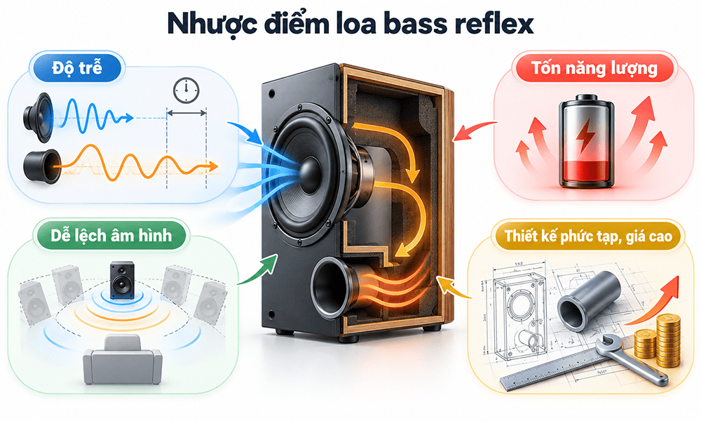 Nhược điểm là có độ trễ âm và có thể làm gián đoạn vị trí âm thanh