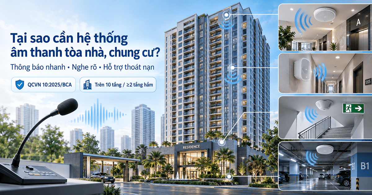 Theo quy định hiện hành, chung cư từ 10 tầng hoặc có 2 tầng hầm trở lên cần có hệ thống loa thông báo hướng dẫn thoát nạn