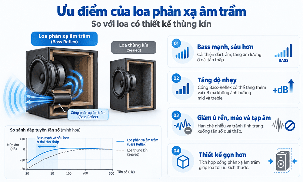 Ưu điểm của cổng Bass Reflex là giúp bass mạnh mẽ, giảm thiếu tiếng ồn, tạp âm